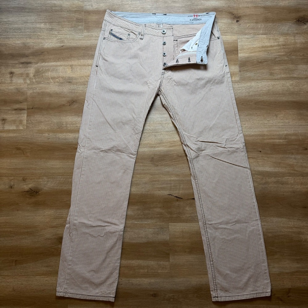 Diesel P-Vykeren Pants Mens 34 Tan Gingham Check Straight Leg Button Fly BJP
